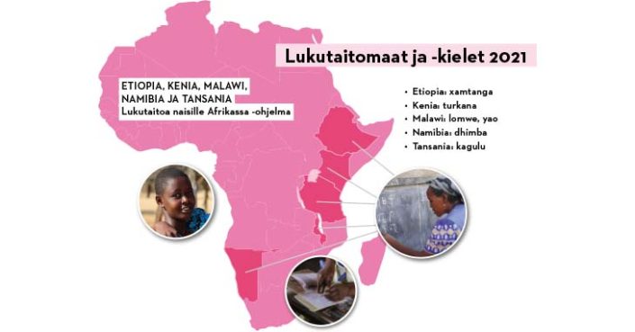 Suomen Pipliaseuran Lukutaitoa naisille Afrikassa -hankkeen maat ja kielet 2021