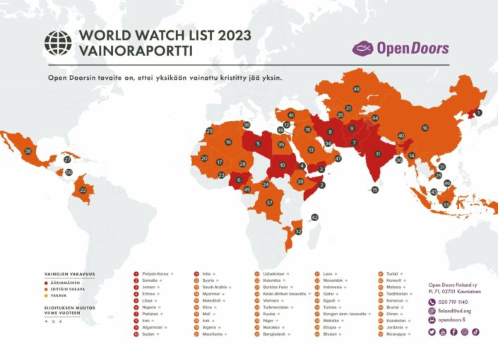 World Watch List 2023 -kartta, jossa näkyvät 50 maata, jotka ovat kaikkein vaarallisimmat kristityille.