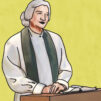 piirroskuva keski-ikäisestä naisesta, jolla papin alba ja stoola päällään.