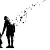 Mustavalkoinen piirroskuva, jossa isä kävelee tytön kanssa.