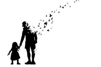 Mustavalkoinen piirroskuva, jossa isä kävelee tytön kanssa.