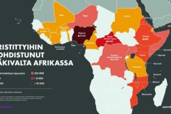 Kartta, jossa näkyy maittain Afrikassa kristittyihin kohdistuneiden väkivaltatapausten määrä