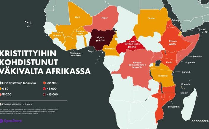 Kartta, jossa näkyy maittain Afrikassa kristittyihin kohdistuneiden väkivaltatapausten määrä