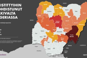 Nigeria kartta, jossa näkyy kristittyihin kohdistuneiden väkivaltatapausten määrä maassa