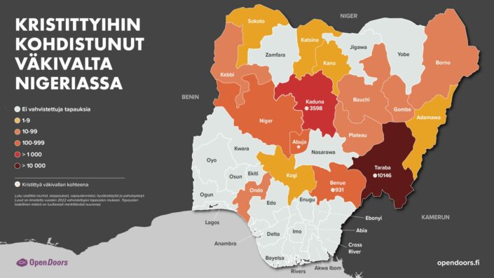 Nigeria kartta, jossa näkyy kristittyihin kohdistuneiden väkivaltatapausten määrä maassa