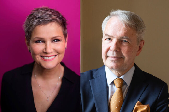 Lähikuvassa hymyilevä Eija-Riitta Korhola vierellään totinen Pekka Haavisto.