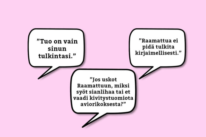 Vaaleanpunaisella taustalla puhekuplia.