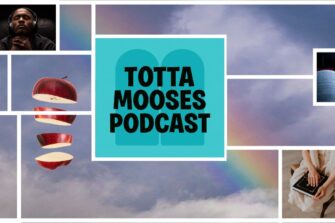 Mosaiikki, jossa omena ja sateenkaari ja teksti Totta Mooses
