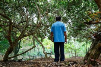 Mies seisoo puiden katveessa selin kameraan.