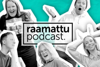 Raamattupodcast logo ja viisi ihmistä ympärillä