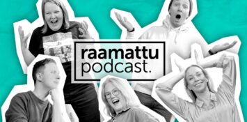 Raamattupodcast logo ja viisi ihmistä ympärillä