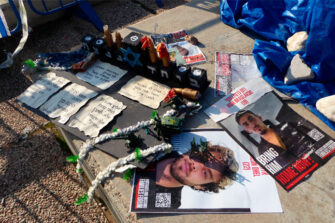 Julisteita Panttivankien aukiolla Tel Avivissa. Kuva: Wikimedia commons.