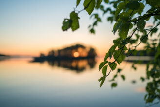 Auringonlasku kajastaa horisontissa. Rauhallinen järvimaisema, etuallalla koivunoksia.
